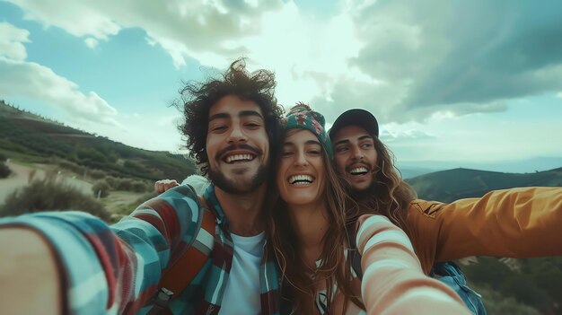 Trzech przyjaciół wędruje w górach, robią sobie selfie i wszyscy się uśmiechają.