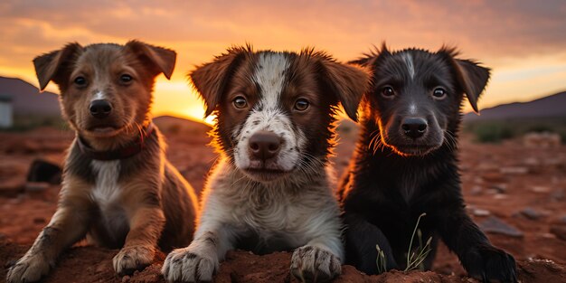 Trzech psów na pustyni przy zachodzie słońca Australijski pasterz Scotia Duck Tolling Retriever i Jack Russell Terrier