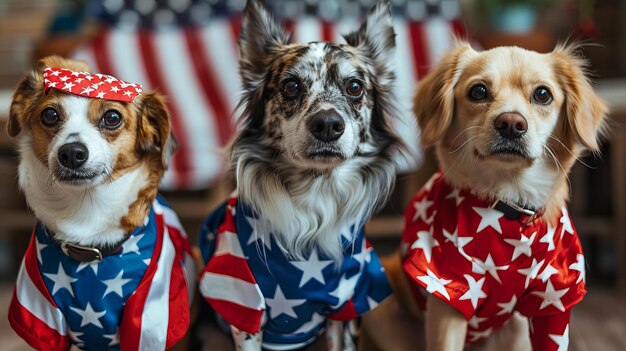 Zdjęcie trzech psów w patriotycznych strojach świętujących dzień niepodległości pet party z uroczystymi dekoracjami