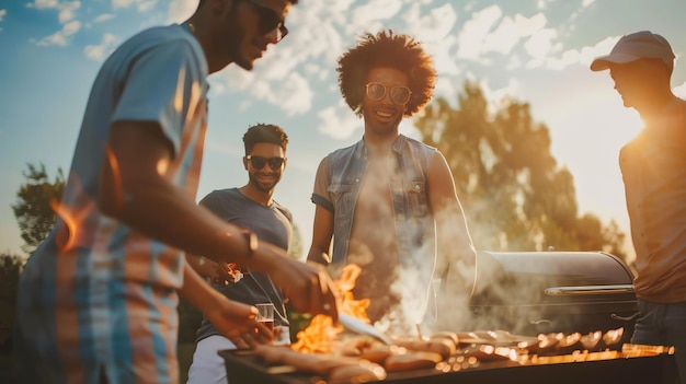 Trzech szczęśliwych przyjaciół na grillu w parku wszyscy uśmiechają się i śmieją, gotując jedzenie na grilli.