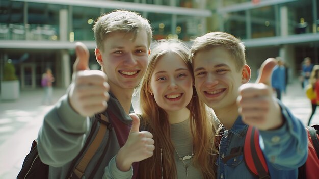 Zdjęcie trzech szczęśliwych studentów patrzących na ciebie z kciukiem w górze na kampusie uniwersyteckim generatywna sztuczna inteligencja