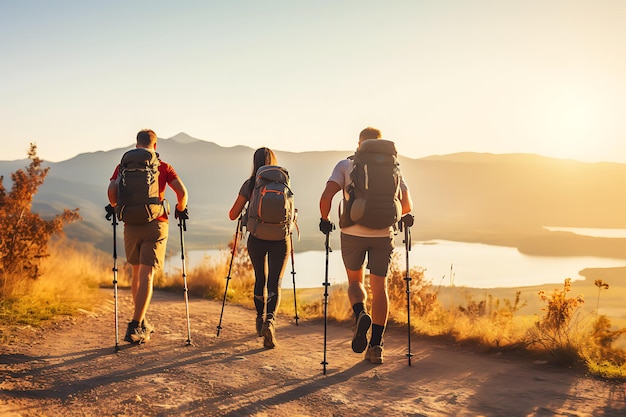 Trzech turystów z dużymi plecakami turystycznymi stoi o zachodzie słońca na szczycie i podziwia widok