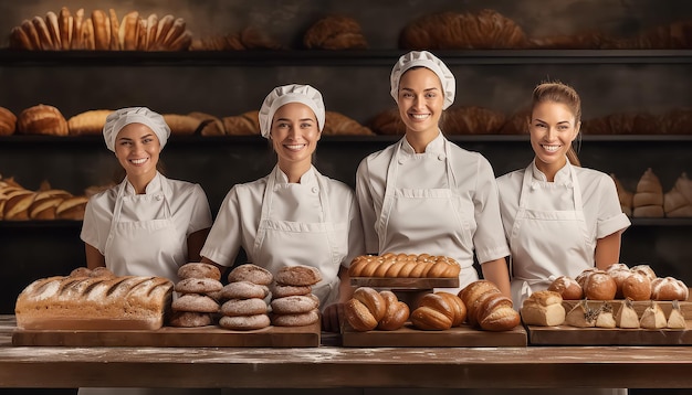 trzech uśmiechniętych pracowników piekarni stojących obok pieczywa