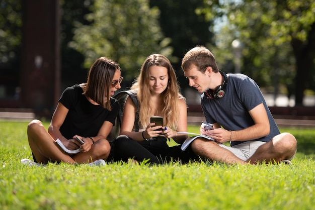 Trzech zaskoczonych studentów patrzących na smartfona siedzących na terenie parku