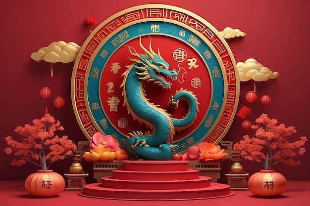 Trzeci etap podium dla szczęśliwego chińskiego Nowego Roku 2024 Znak zodiaku smoka