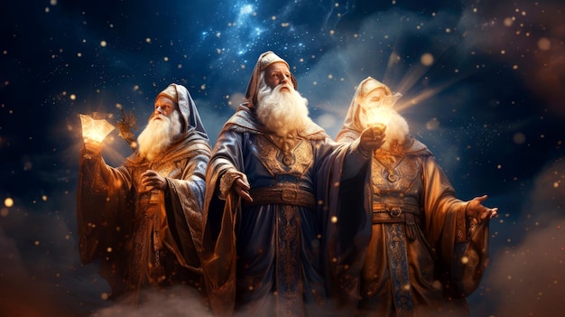 Trzej Mędrcy niosą prezenty przez pustynię, kierując się gwiazdami Koncepcja Bożego Narodzenia