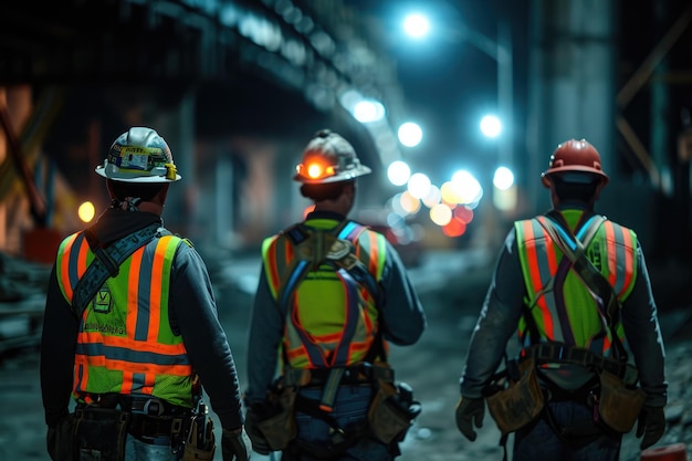 Trzej pracownicy budowlani idą nocą ulicą Nocna scena przedstawiająca pracowników budowlanych ubranych w świecące kamizelki odblaskowe Wygenerowano sztuczną inteligencję