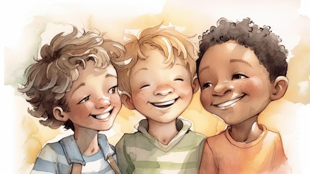 Trzej radośni i różnorodni chłopcy w miękkiej ilustracji akwareli