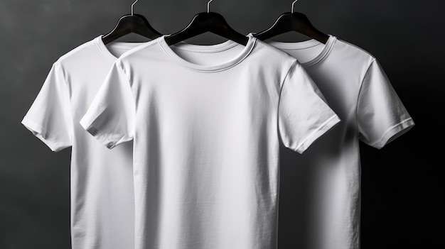 Trzy białe koszulki wiszące na wieszaku, z których jedna jest oznaczona jako „