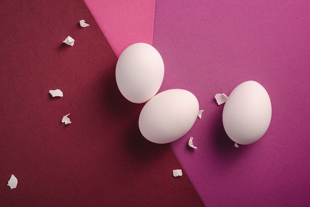 Trzy białego jajka z kawałkami skorupy jajka na czerwieni, menchii i purpurach, barwią zwykłego minimalnego tło, odgórny widok, szczęśliwy Wielkanocny dzień