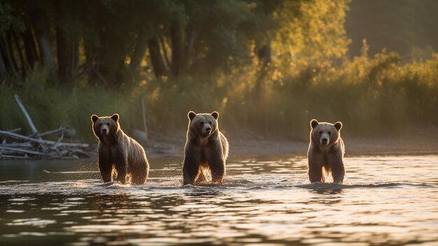 Trzy brązowe niedźwiedzie stojące nad rzeką z mokrym futrem na tle gęstego lasu