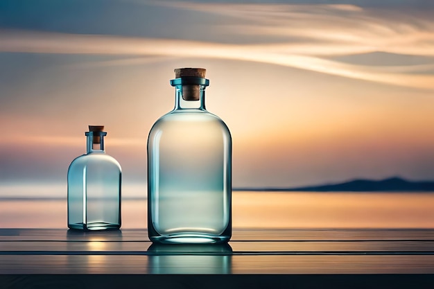 Trzy butelki perfum siedzą na stole przed zachodzącym słońcem.