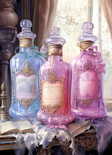 Zdjęcie trzy butelki perfum siedzące na stole obok okna.