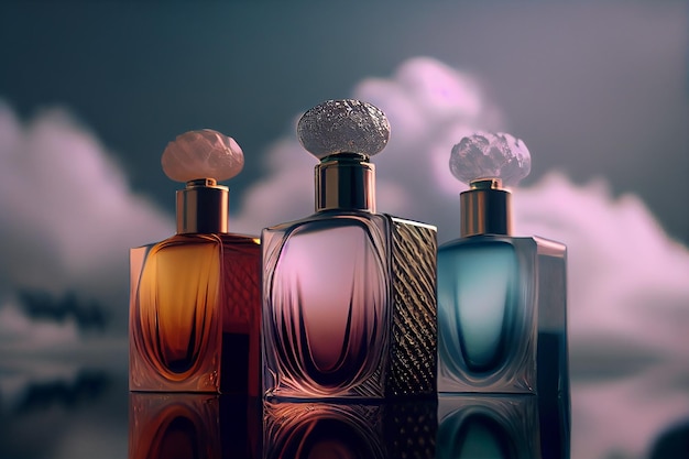 Trzy butelki perfum stoją na chmurze