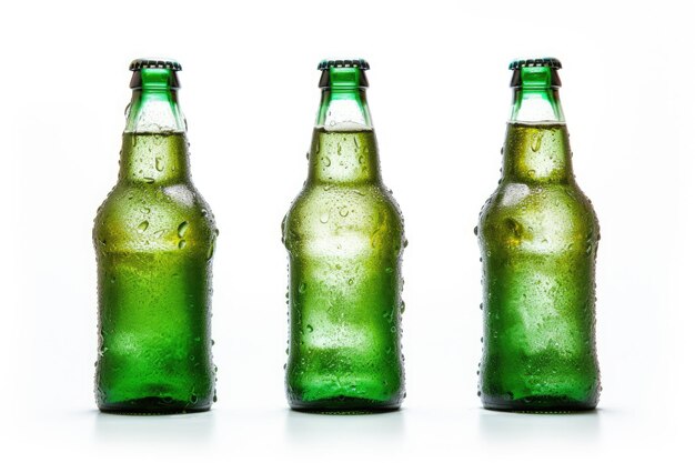 Trzy butelki piwa z zielonymi etykietami kostki lodu białe tło ścieżka przycinająca