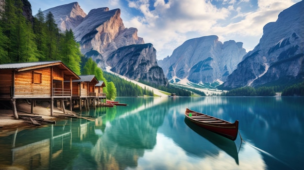 trzy chaty z dwiema łodziami w wodzie na jeziorze