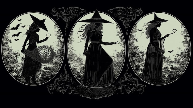 Trzy czarownice są pokazane w czerni i bieli z czarnym tłem.