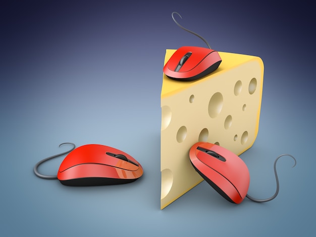 Trzy czerwone myszy komputerowe i kawałek sera. renderowania 3D.