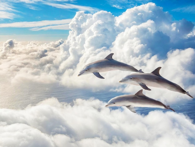 Trzy delfiny szczęśliwie skaczące w niebie