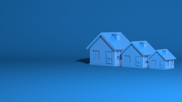 Trzy domy, duże, średnie, małe. Model jest jednopiętrowym budynkiem wiejskim. Stylowa minimalna abstrakcyjna scena pozioma, miejsce na tekst. Modny klasyczny niebieski kolor. Renderowanie 3D