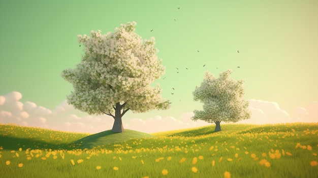 Trzy drzewa na polu kwiatów z zielonym niebem w tle.