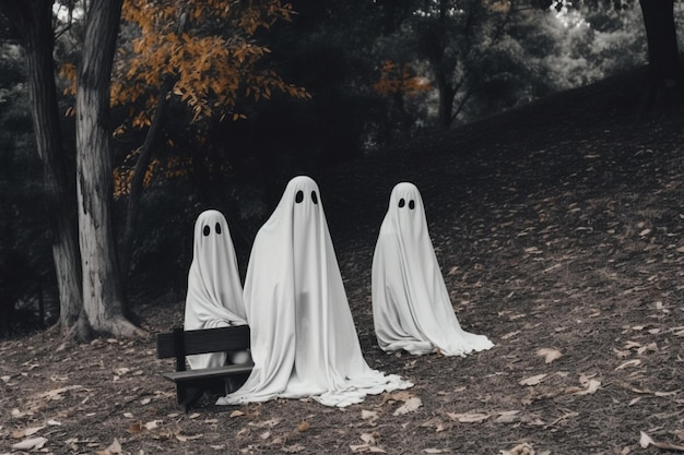 Trzy duchy ubrane jak duchy siedzące na ławce w parku.