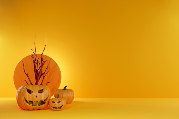 Trzy dynie halloween na żółtym tle ilustracja 3d