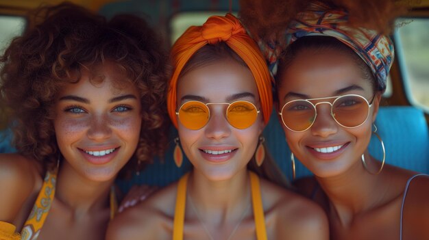 Trzy dziewczyny podróżujące żółtym autobusem modne hipiski top modelki portret letni koncept
