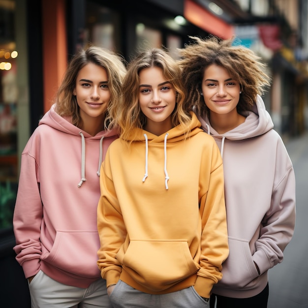 trzy dziewczyny w bluzach stoją na chodniku
