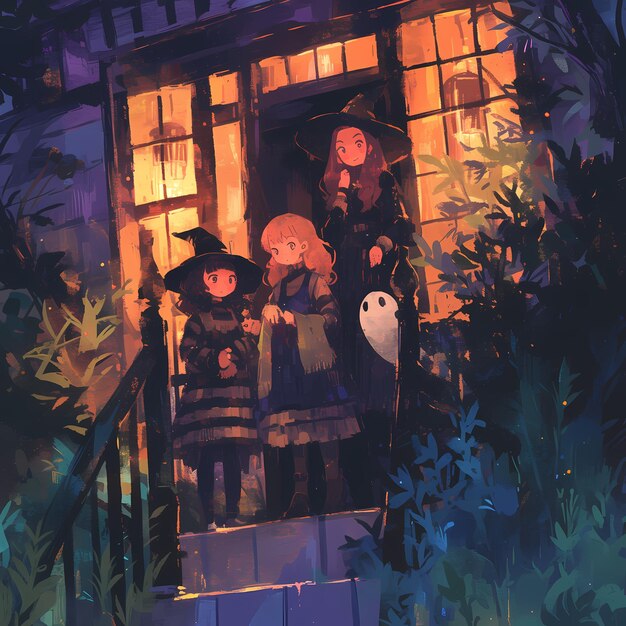 Zdjęcie trzy dziewczyny w kostiumach na wejściu do atrakcji haunted house