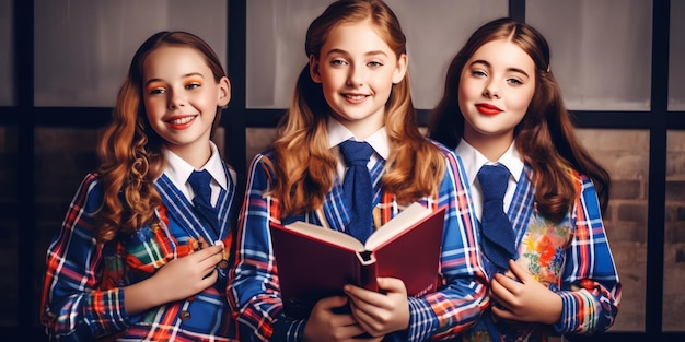 Trzy dziewczyny w mundurkach szkolnych trzymają w rękach książkę