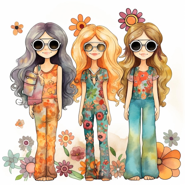 Zdjęcie trzy dziewczyny w strojach w stylu hippie i okularach przeciwsłonecznych stojące obok siebie.