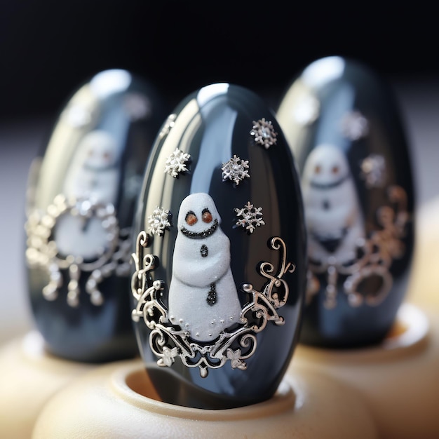 trzy figurki pingwinów z płatkami śniegu