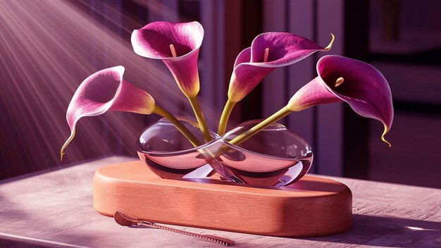 Zdjęcie trzy fioletowe kwiaty w wazonie z jednym, który mówi tulipan