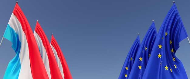Trzy flagi Unii Europejskiej i Luksemburga na masztach flagowych po bokach Flagi na niebieskim tle Miejsce na tekst UE Europa Wielkie Księstwo Wspólnoty Narodów ilustracja 3D