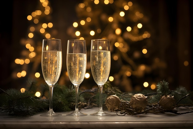 Trzy flety szampana na stole obok Bożego Narodzenia