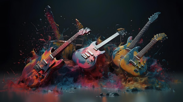 Trzy gitary na czarnym tle z odrobiną farby w tle.