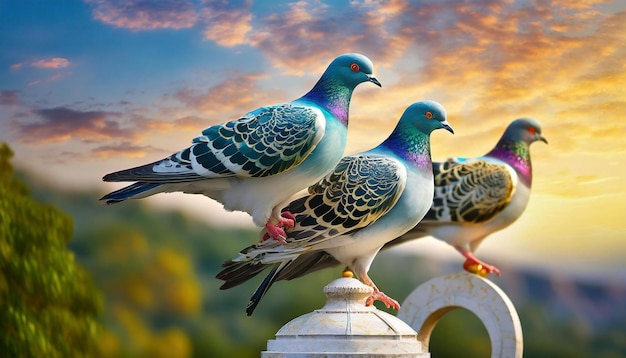 Zdjęcie trzy gołębie stoją na piedestale przed zachodem słońca.