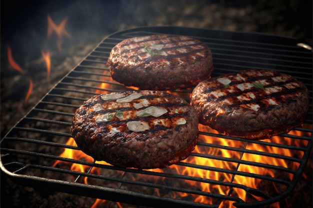 Trzy hamburgery gotujące na grillu z płomieniami w tle.