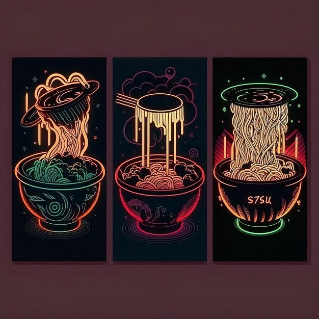 trzy ilustracje grunge w różnych stylach neon klasyczny retro azjatyckich makaronów ramen