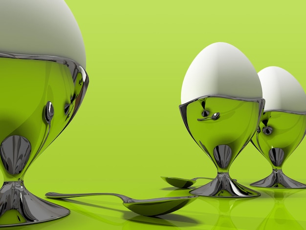 Trzy jajka i jedna metaliczna spoo na zielonym tle