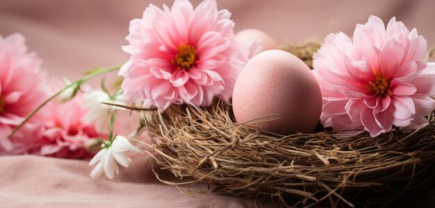 trzy jajka na gnieździe z różowymi kwiatami