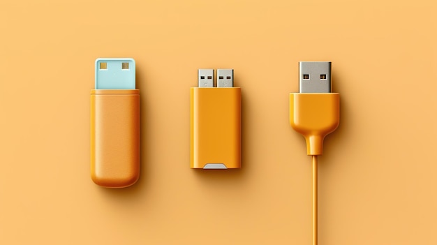 Trzy kable USB są pokazane na żółtym tle.