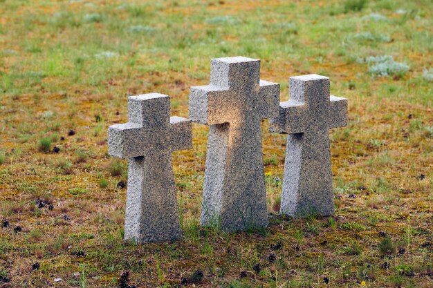 Trzy Katolickie Kamienne Krzyże Na Niemieckim Cmentarzu Wojskowym W Europie. Pomnik Poległych żołnierzy Ii Wojny światowej W Bałtijsku, Obwód Kaliningradzki, Rosja