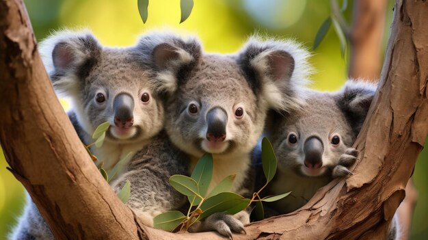 Trzy koaly spokojnie siedzą na drzewie