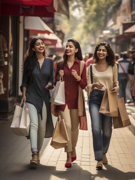 trzy kobiety idące ulicą z torbami na zakupy