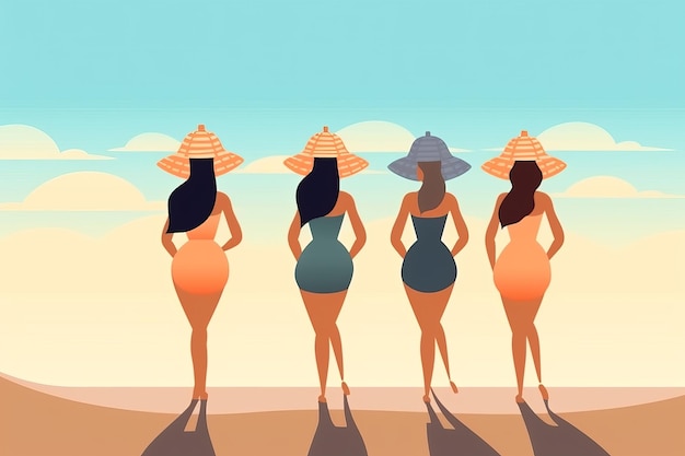 Trzy kobiety na plaży w niebieskich i pomarańczowych strojach kąpielowych