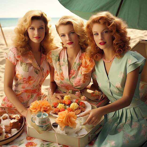 Trzy kobiety siedzą na plaży z pudełkiem kwiatów i pudełkem ciasteczek.