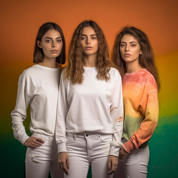 Zdjęcie trzy kobiety stoją przed kolorowym tłem z napisem miłość.