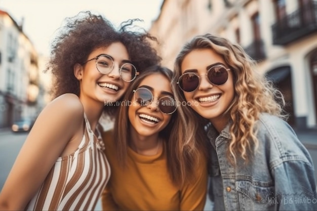 Trzy kobiety uśmiechają się, noszą okulary przeciwsłoneczne i uśmiechają się do zdjęcia.
